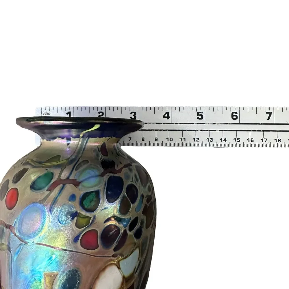 Rick Hunter Art Glass Vase Carnival Glass Cobalt Blue Gold Spots Swirls Colorful